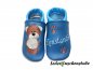 Preview: Lederpuschen azur-lichtblau mit links Namen hellblau Tatzen braun und Bär braun-creme-hellbraun-schwarz Herz hellblau